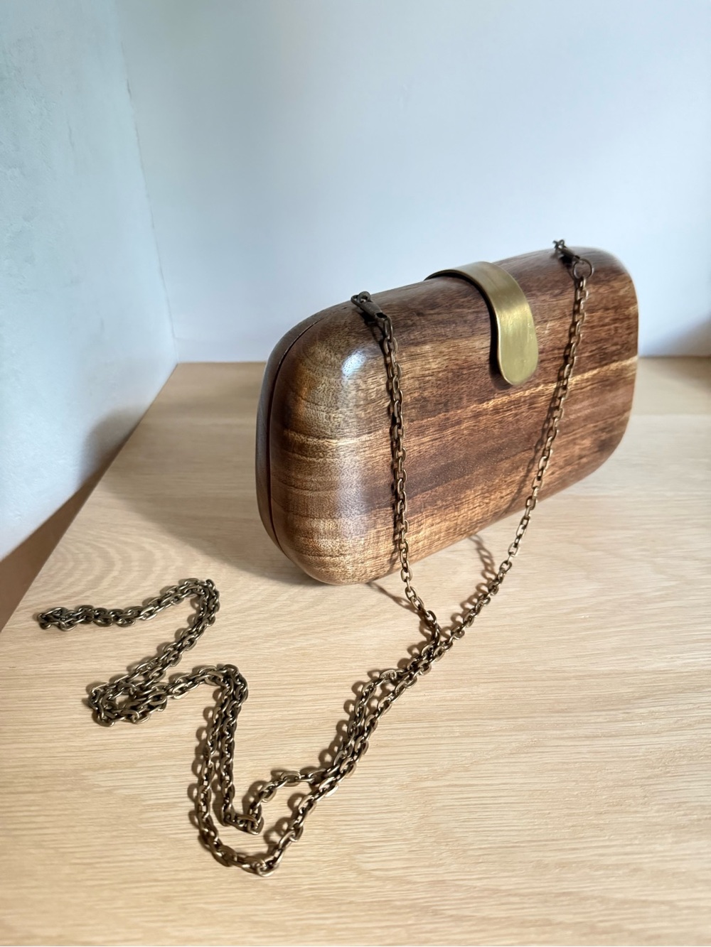 Wood Clutch with Antique Brass Chain and Clasp